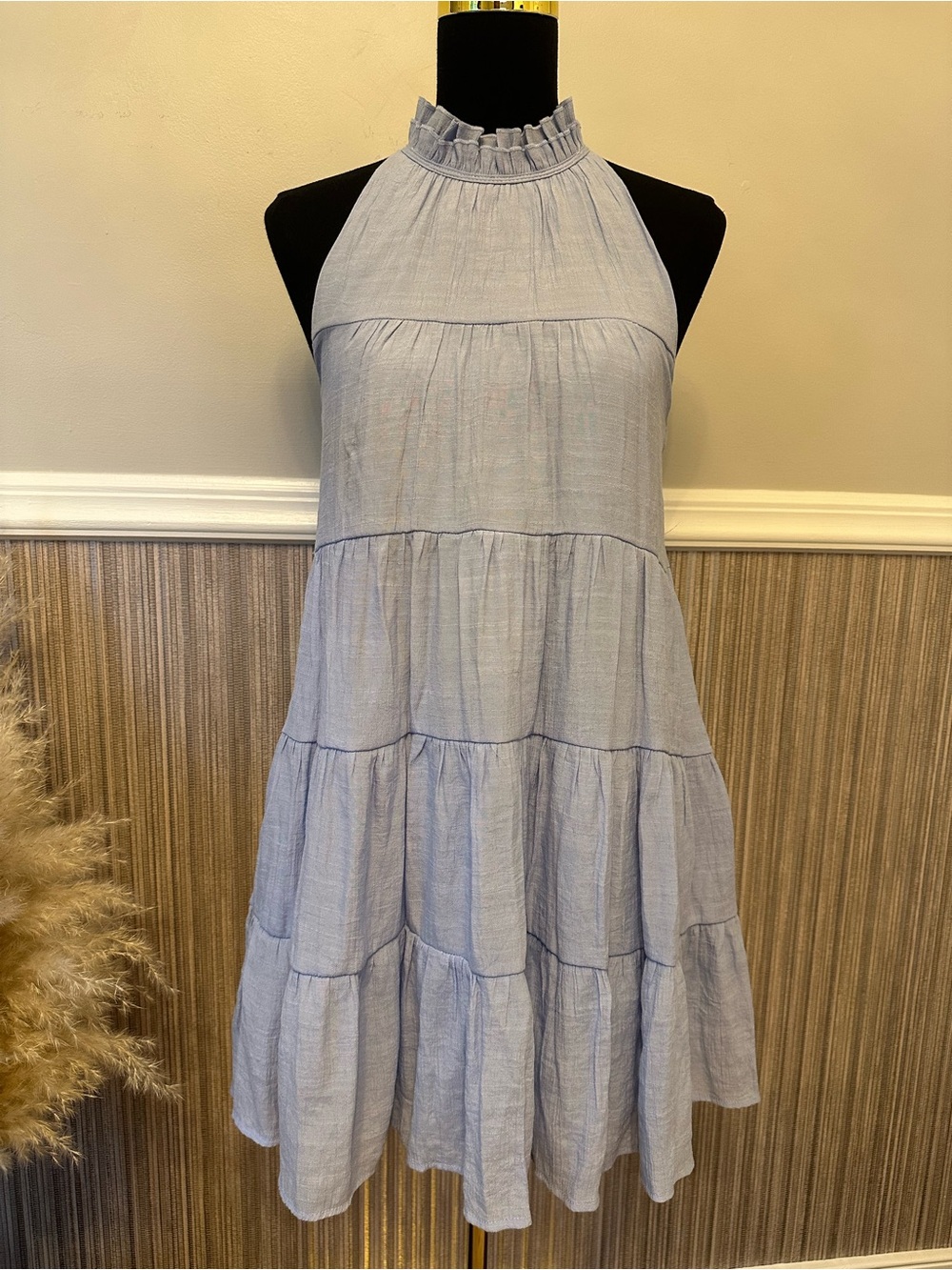 VICI Light Blue Tiered Halter Dress Small Coastal Resort Cottagecore